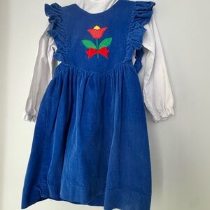 Royal Blue Corduroy Pinafore Dress with Floral Applique